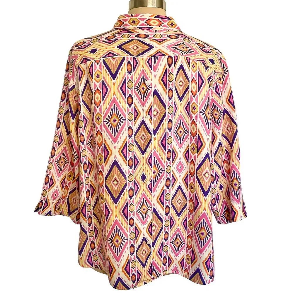 Chico's No Iron 100% Linen Button Down Tunic Sz XL Bright Geometric Print Summer